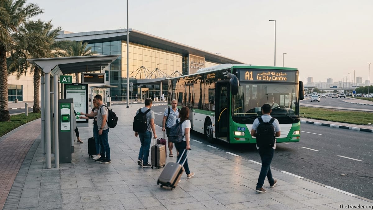 Travelers with luggage boarding an A1 city bus outside Zayed International Airport in Abu Dhabi at dusk.
