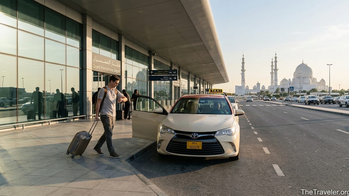 Traveler with suitcase taking taxi at Zayed International Airport toward Sheikh Zayed Grand Mosque.