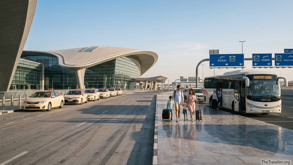 Taxis and a Dubai shuttle bus waiting outside Zayed International Airport at sunrise.