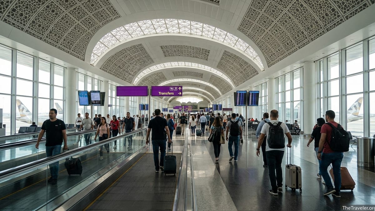 Passengers in Zayed International Airport Terminal A following transfer signs during an Etihad layover.
