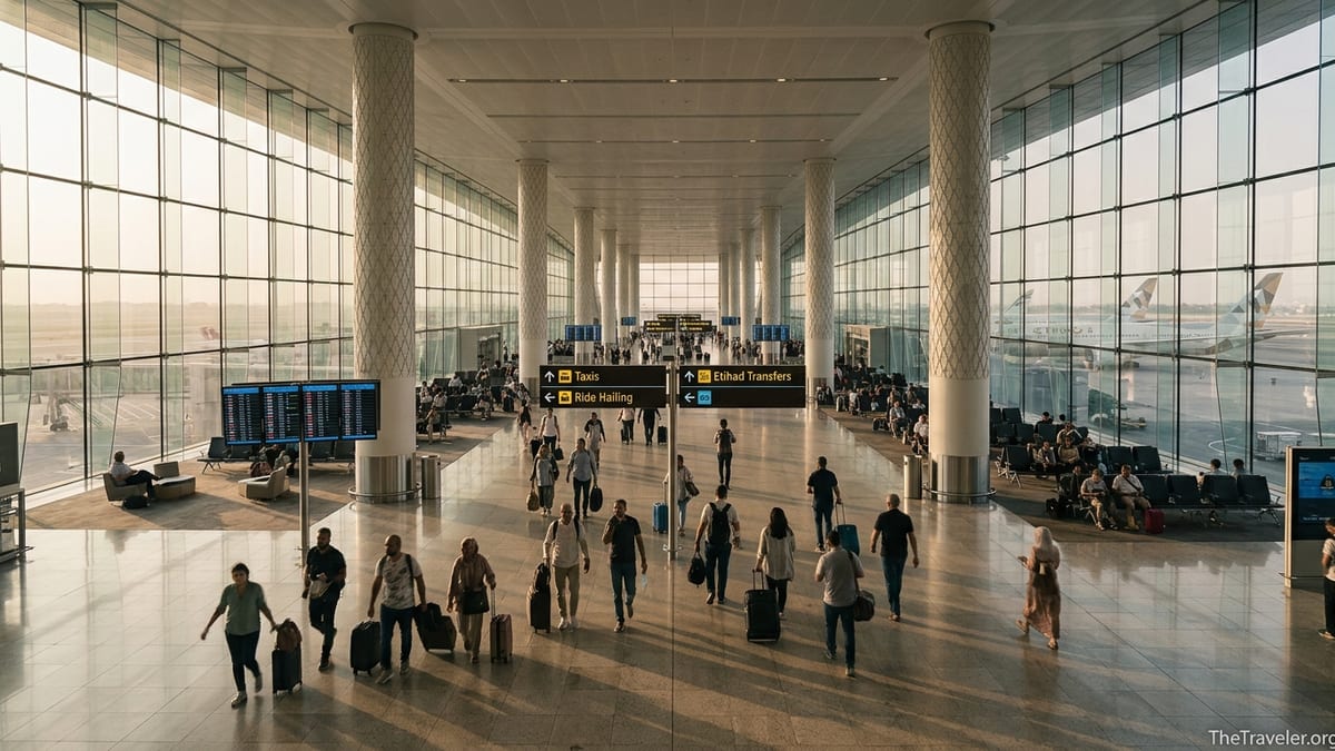 Passengers walking through Zayed International Airport Terminal A arrivals hall in Abu Dhabi.