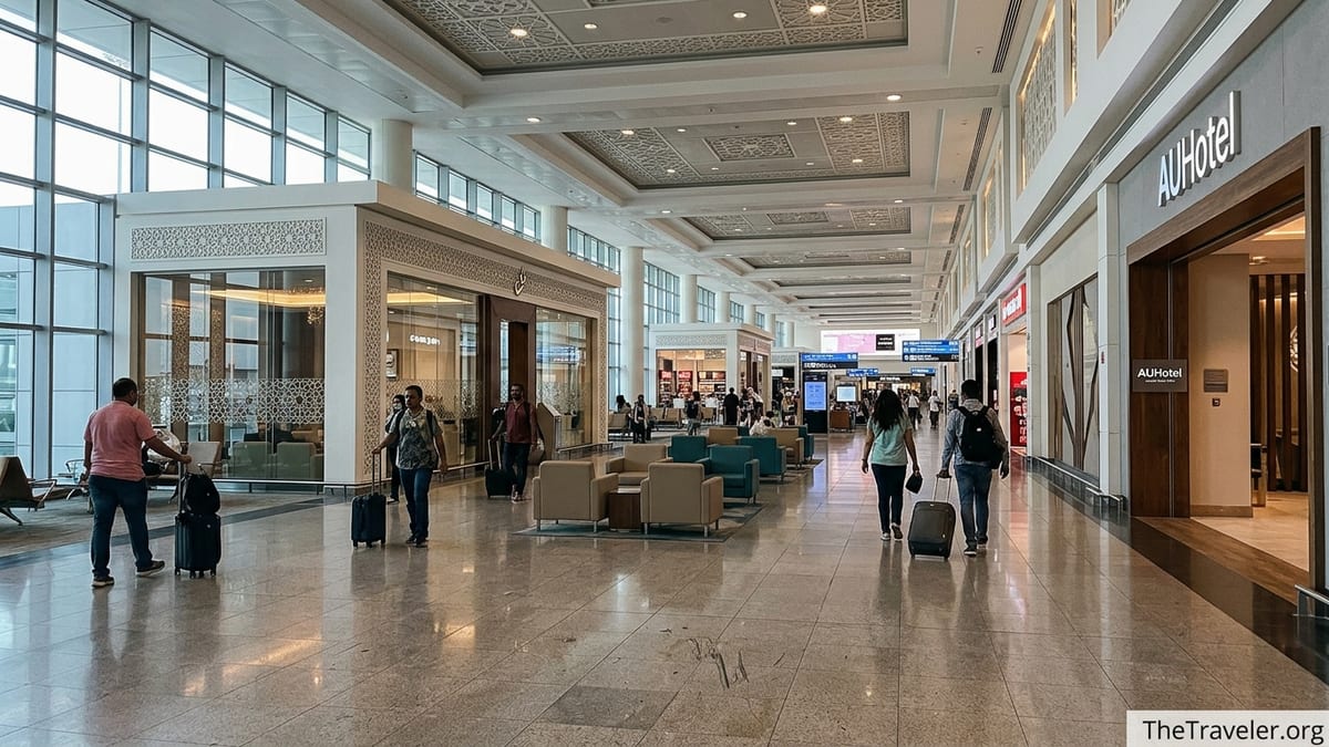 Travelers walking past the AUHotel and lounges in Zayed International Airport Terminal A.