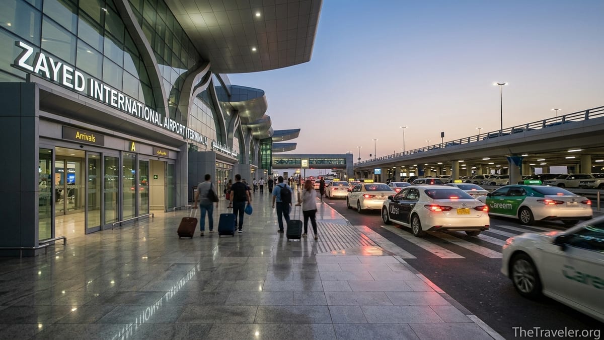 Travelers walking from Zayed International Airport arrivals toward taxis and rideshare cars at the parking pickup area.
