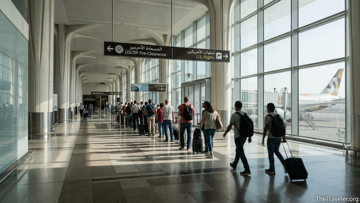 Passengers in Abu Dhabi’s Zayed International Airport walking toward the U.S. preclearance area in Terminal A.