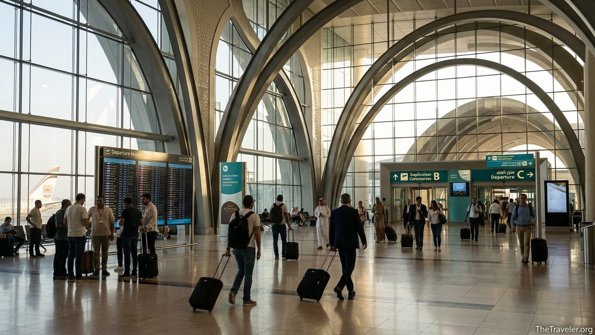 Departing passengers walking through the main hall of Zayed International Airport Terminal A in Abu Dhabi.