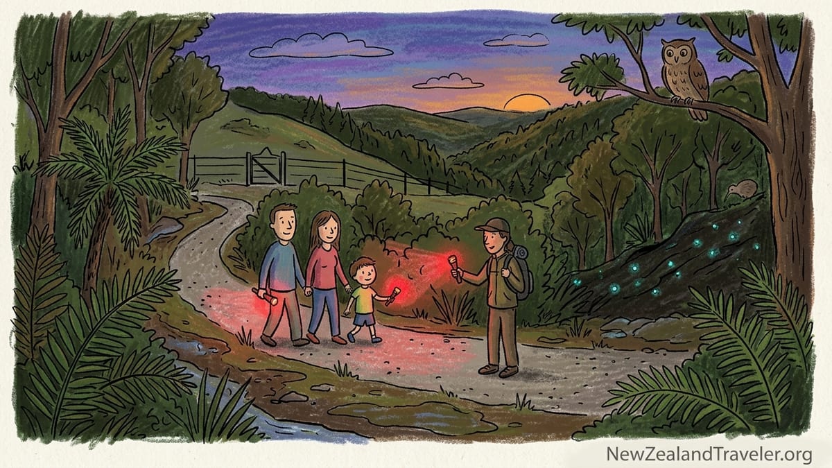 Visitors follow a guide at Zealandia in Wellington at dusk, using red-filter torches on a forest track.