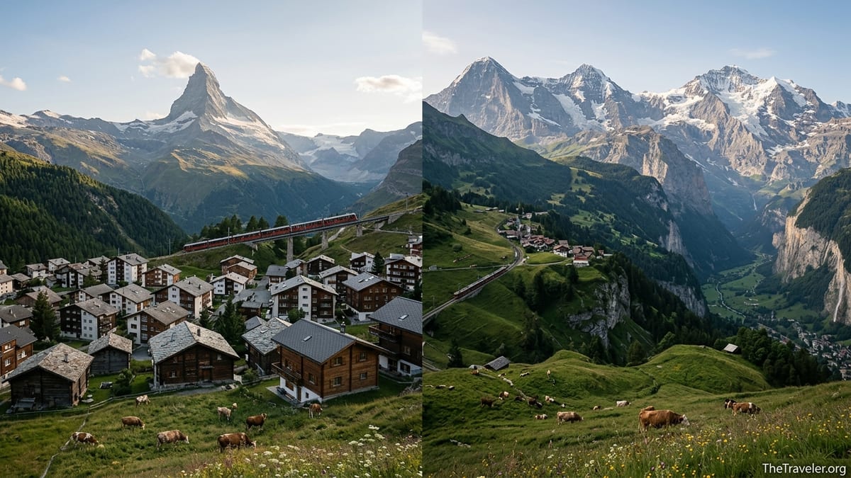 Panoramic view of Zermatt and the Jungfrau region with Matterhorn and Eiger peaks in summer.