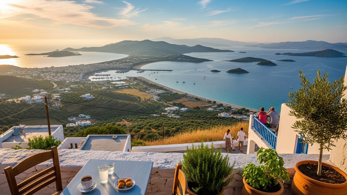 view of Kos Island at golden hour from Zia village terrace