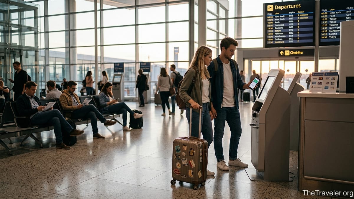 Travelers at an airport check-in kiosk reviewing pay-over-time options before a flight.