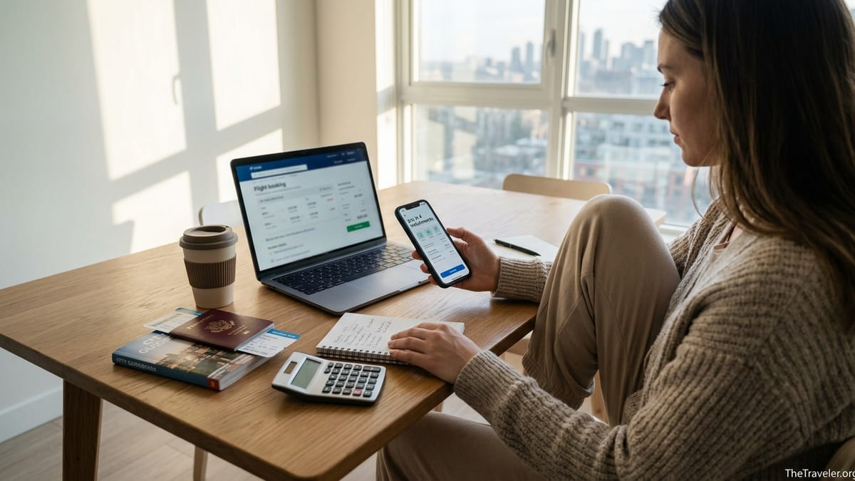Traveler reviewing pay later flight options on phone and laptop at a kitchen table.