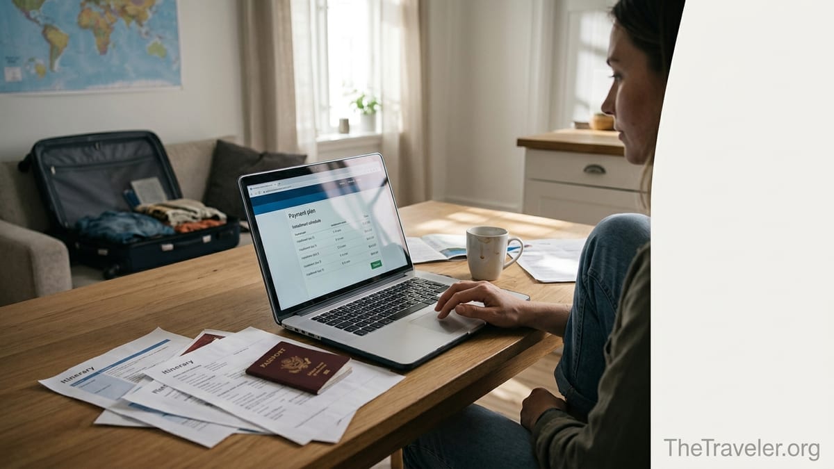 Traveler reviewing a trip payment plan on a laptop with passport and documents on a kitchen table.