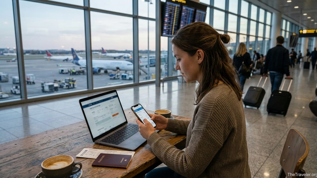 Traveler at airport café using phone and laptop to split payments on a flight booking.