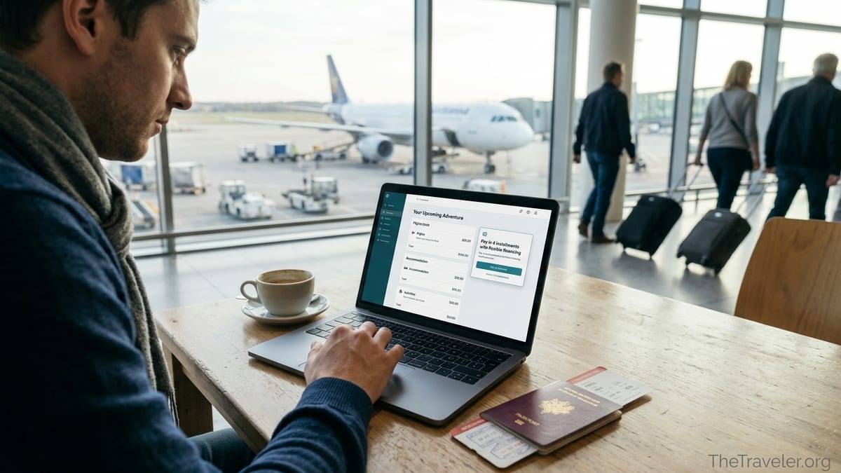 Traveler in an airport lounge reviewing a laptop screen with pay-later trip pricing.