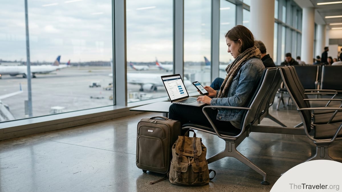 Traveler in an airport lounge booking a flight online with pay later options visible on a laptop screen.