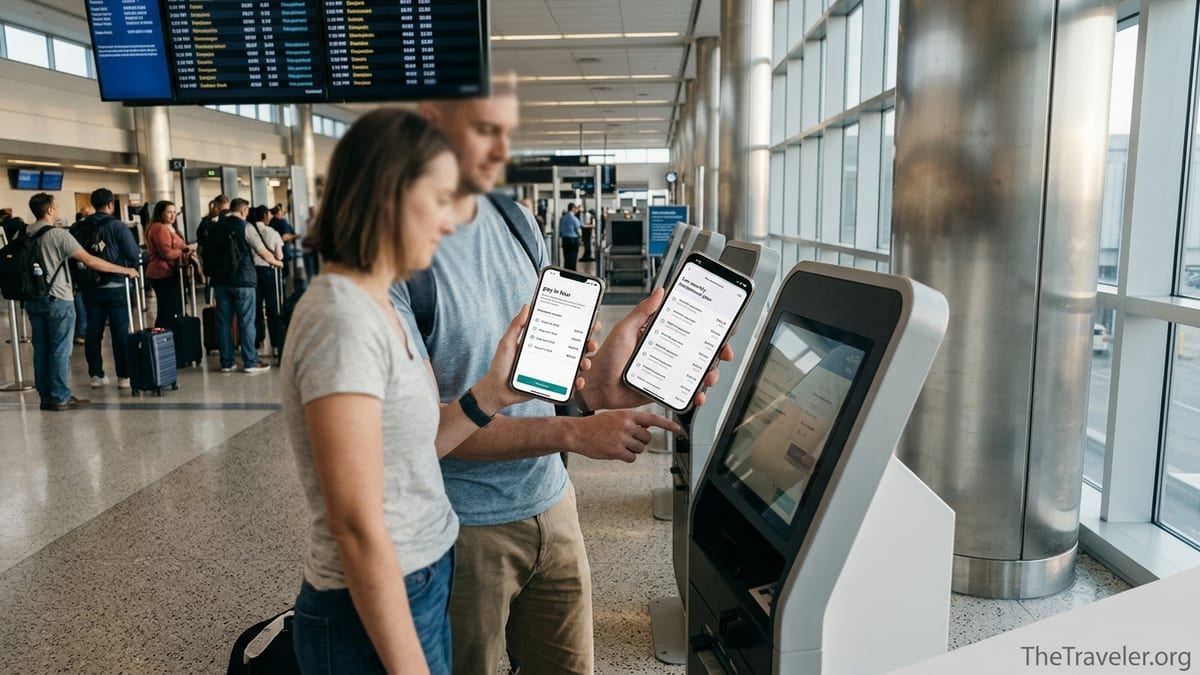 Travelers comparing two pay later apps on phones at an airport check in kiosk