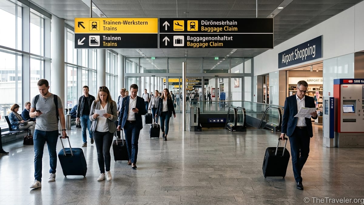 Travelers walk through Zurich Airport arrivals hall following signs to trains and baggage claim.