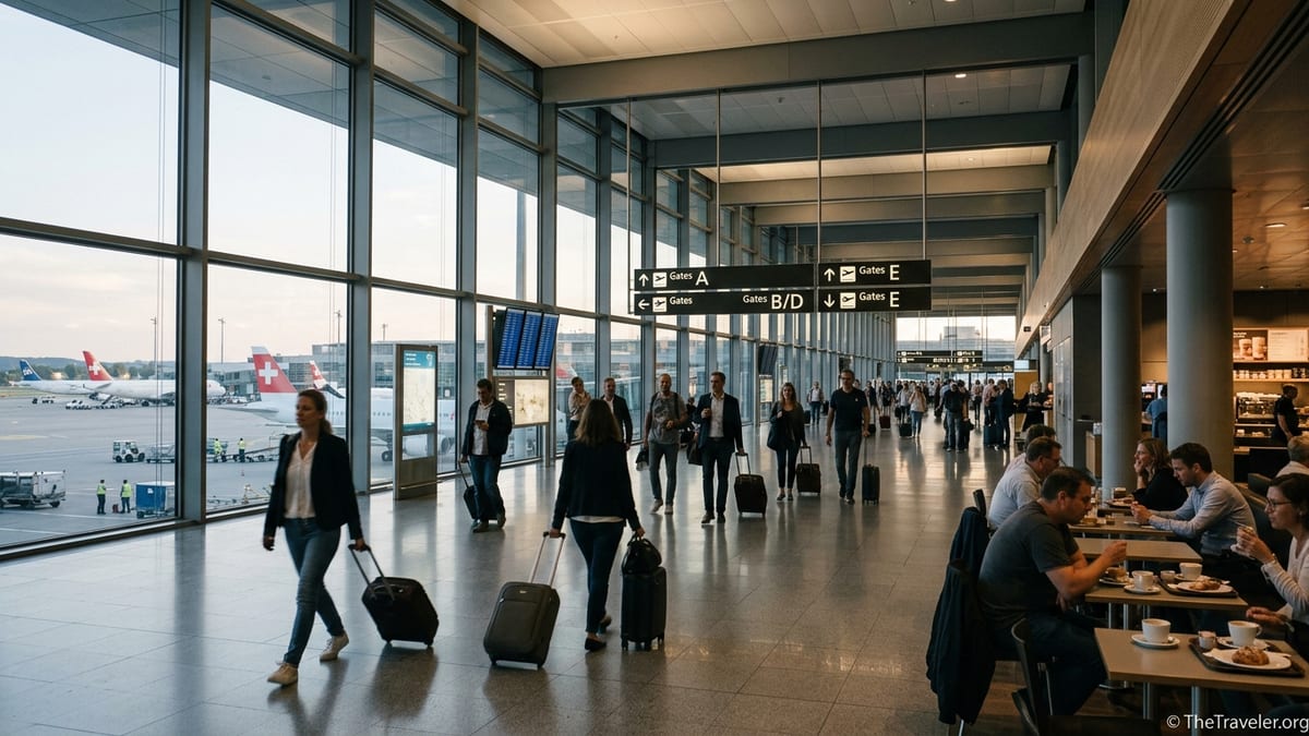 Busy Zurich Airport departures hall with passengers, gate signs and large glass windows at dusk.