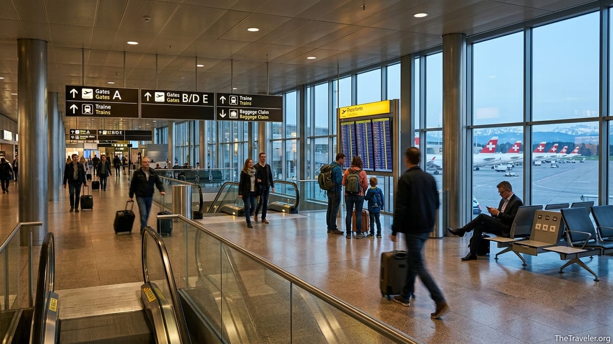 Travelers walking through Zurich Airport’s bright main terminal with signs for gates and trains visible.