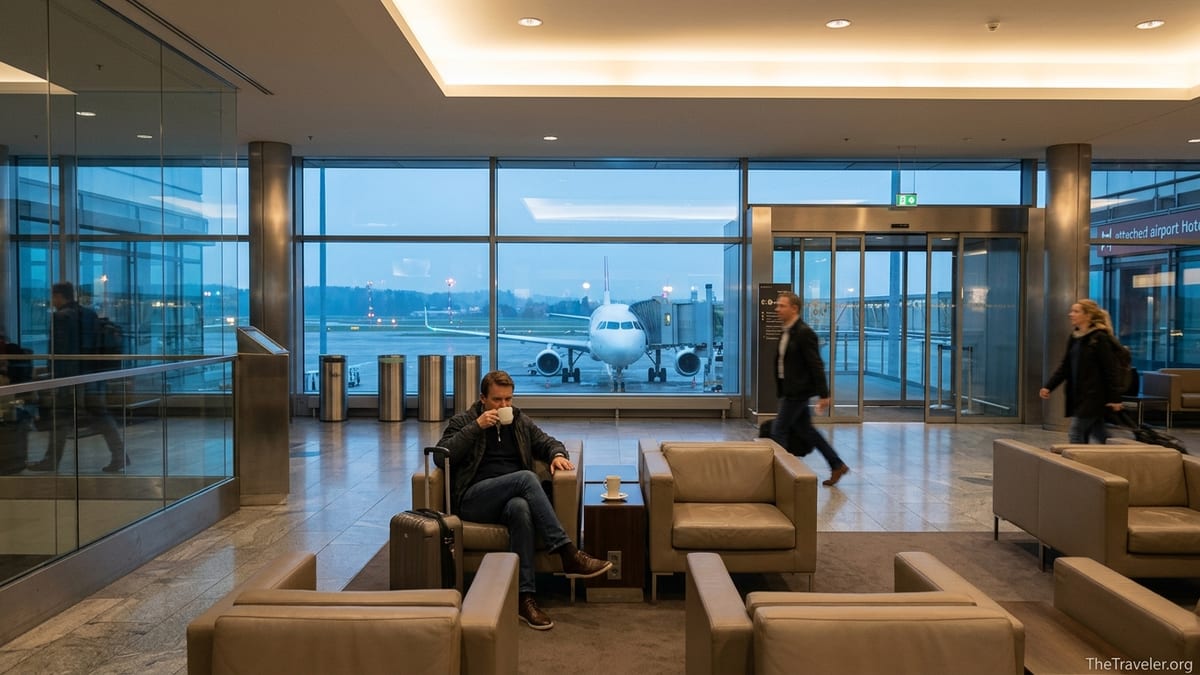 Early morning interior of Zurich Airport terminal with view of hotel-style seating and plane outside.