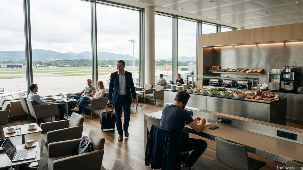 Travelers relaxing and working in a bright Zurich Airport lounge with runway views.