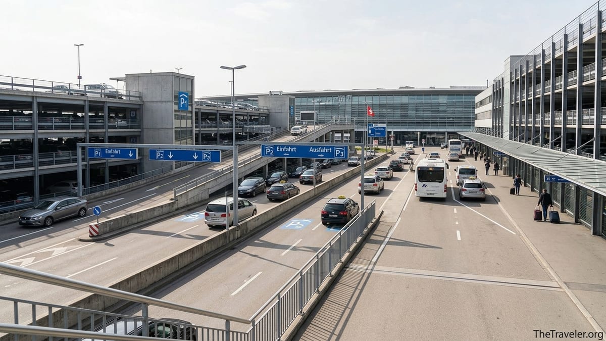 Cars entering Zurich Airport parking garages P1 and P2 beside the main terminal on a clear day.