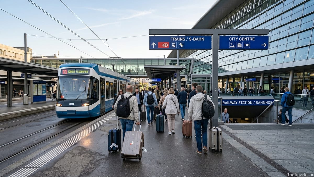 Travellers with suitcases boarding a Zurich tram outside Zurich Airport terminal