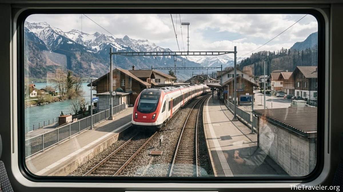 Train arriving at Interlaken Ost with Swiss Alps and turquoise river in background