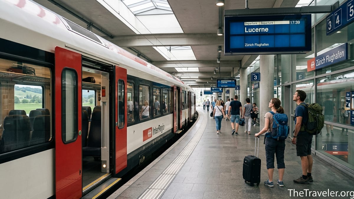 Passengers with luggage boarding an SBB train to Lucerne at Zurich Airport railway station.