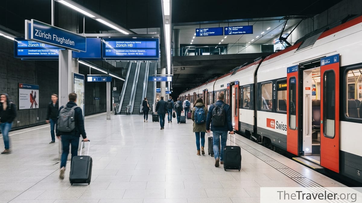 Passengers boarding an S-Bahn train at Zurich Airport station for Zurich HB.