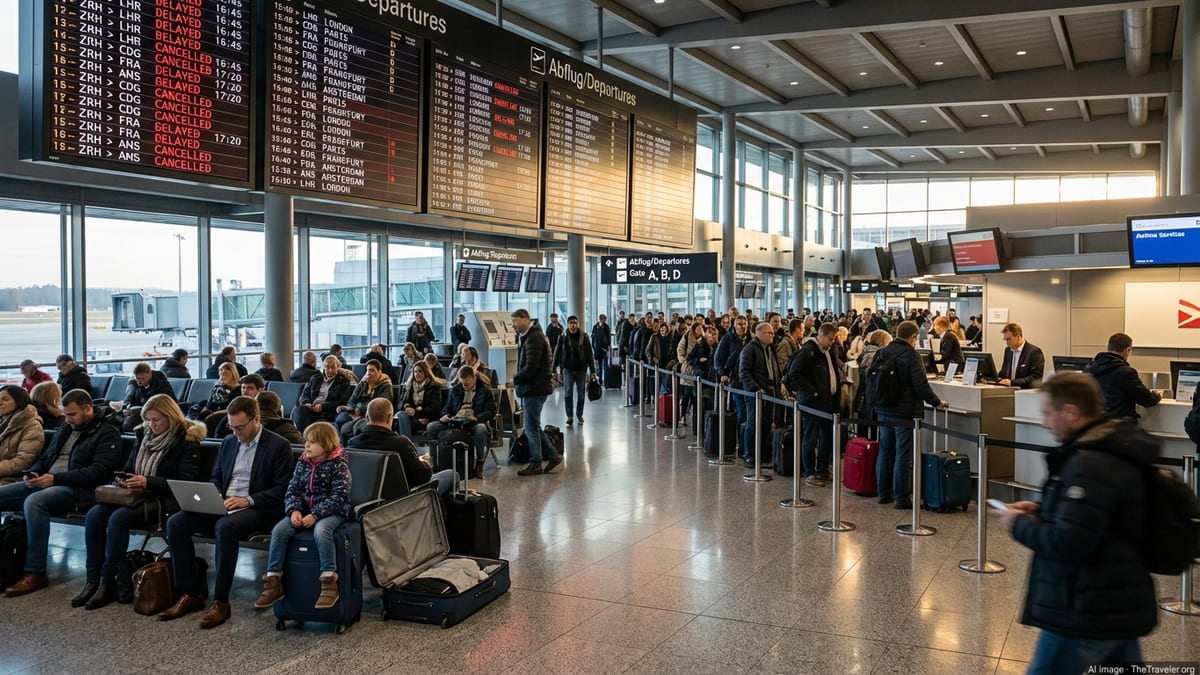 Crowded Zurich Airport departures hall with long queues and delayed flights on screens.