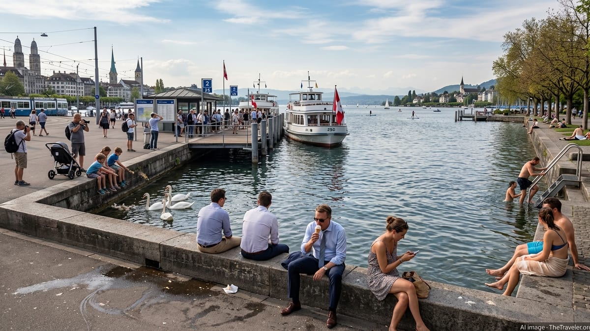 Mid-afternoon scene at Zurich's Bürkliplatz featuring Lake Zurich and locals.