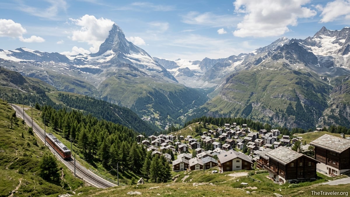 Summer view of Zermatt village and the Matterhorn with a red mountain train in the Swiss Alps.