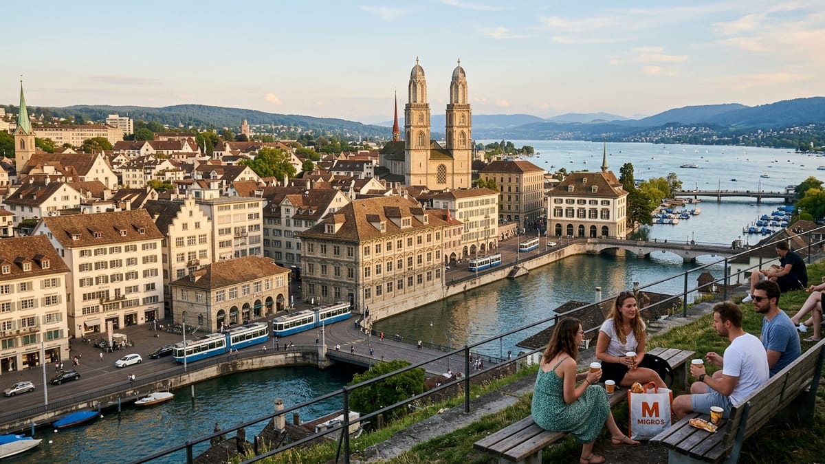 Zurich old town and lakefront at sunset seen from above with trams and boats.