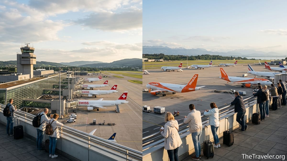 Wide view comparing Zurich and Geneva airport aprons with planes and distant Alps in soft afternoon light.