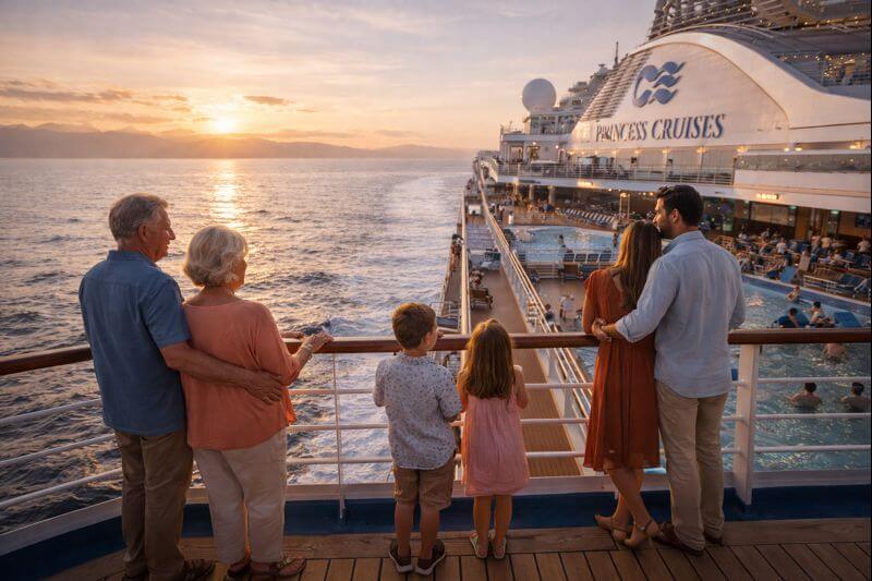 family and couple enjoying scenic ocean views on a Princess Cruises ship deck