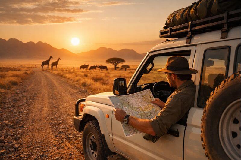 gravel road in Namibia's desert plains during golden hour